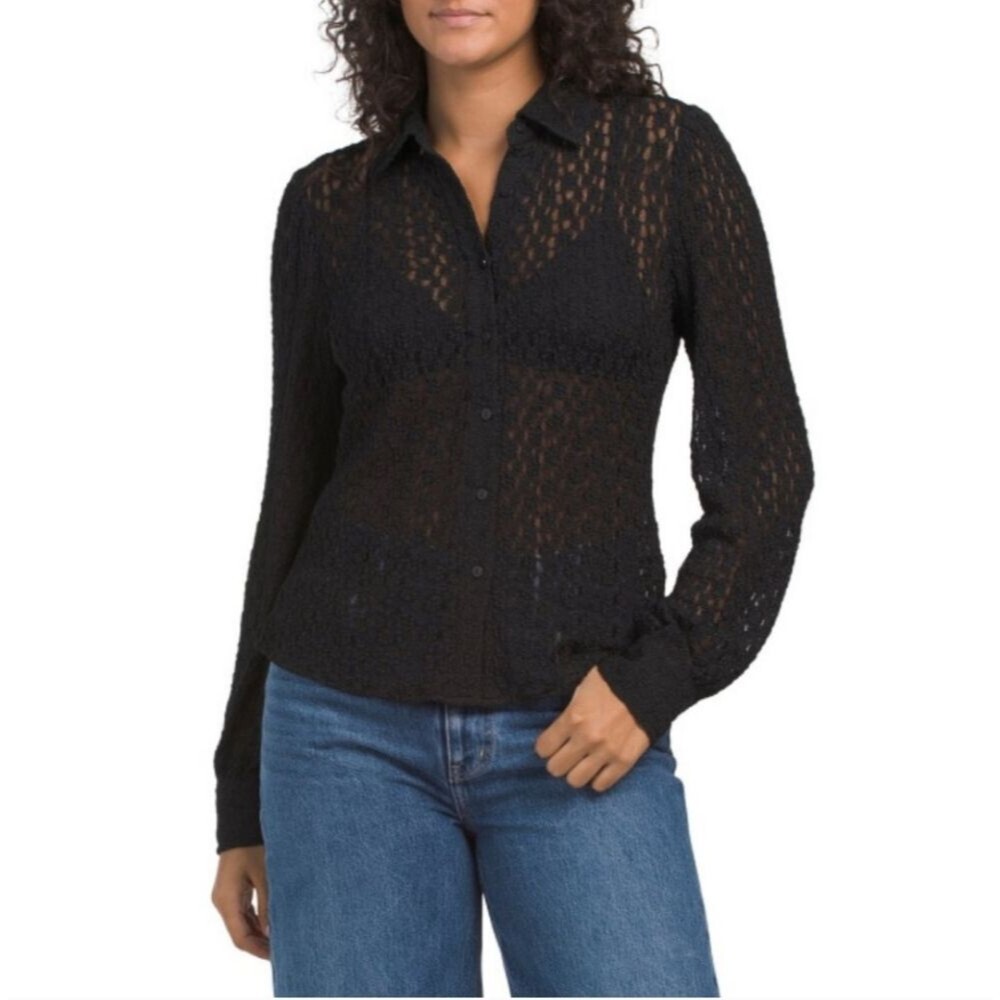 NEW WITH TAGS Greige Black Lace Button-Up Blouse. Size Medium